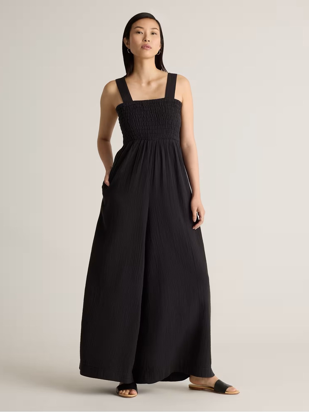 NWOT Quince 100% Organic Cotton Gauze Smocked Wide Leg Jumpsuit Black Medium